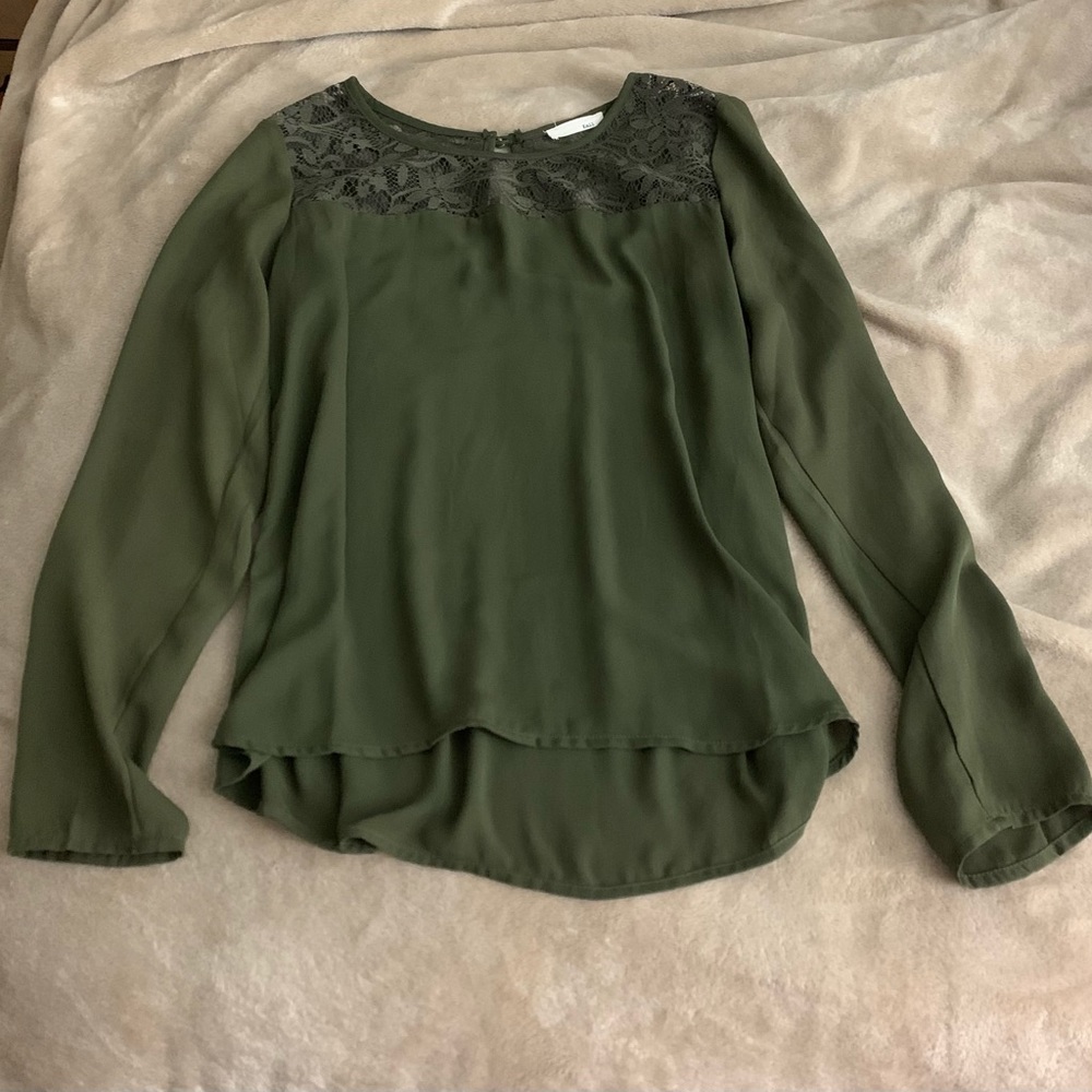 Size SMALL olive green sheer dress top button neck closure